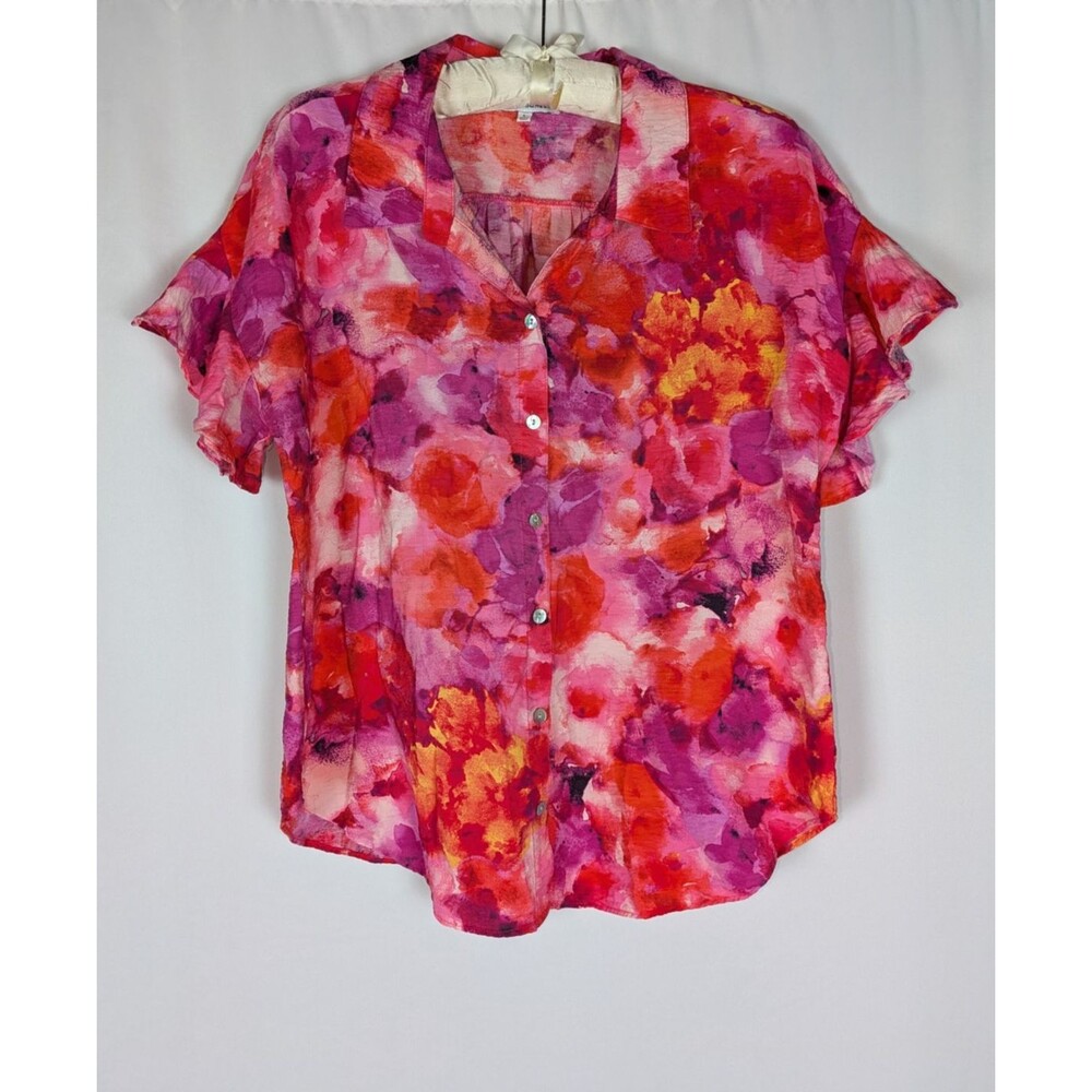 Sara Michelle Button Down L Women's Pink Floral Watercolor Short Ruffle Sleeve
